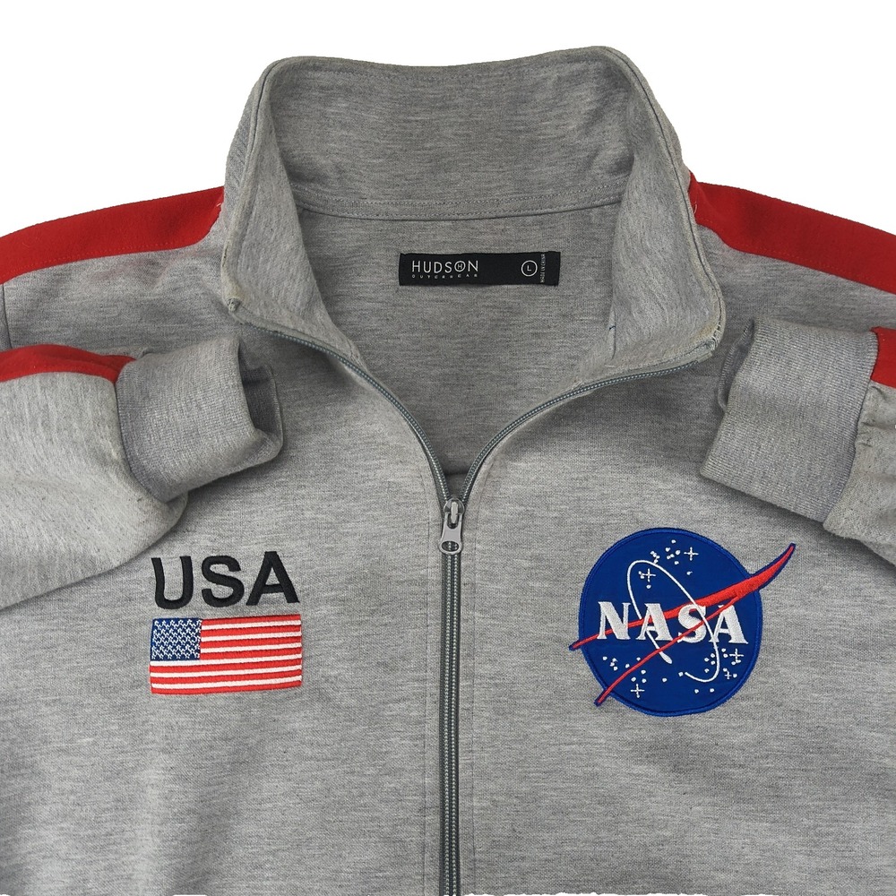 Hudson Outerwear NASA USA Track Jacket Mens Large Gray Red Zip Up Space Logo